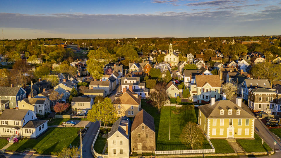 High angle view of townscape against sky in Portsmouth, New Hampshire