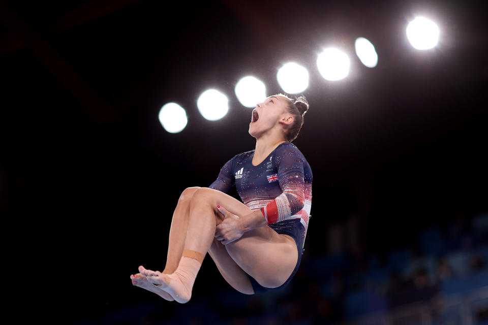 <p>TOKYO, JAPAN - JULY 29: Jennifer Gadirova of Team Great Britain competes on balance beam during the Women's All-Around Final on day six of the Tokyo 2020 Olympic Games at Ariake Gymnastics Centre on July 29, 2021 in Tokyo, Japan. (Photo by Julian Finney/Getty Images)</p> 