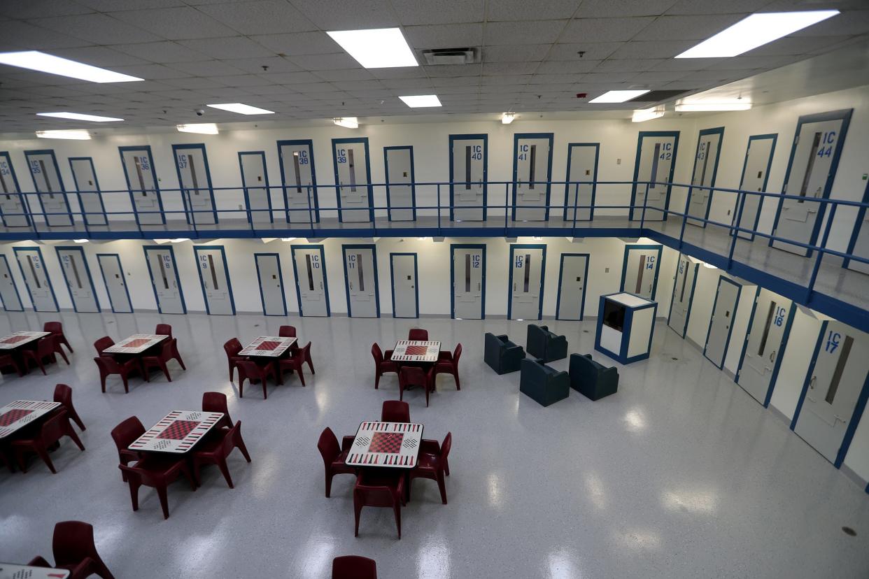 A look from the second level down to the common area at one of the newly refurbished wings inside Unit One at the Chatham County Detention Center.