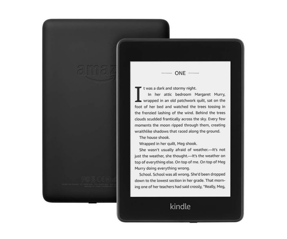 Amazon's Kindle in black facing forward with a white screen showing text infront of a white background. 