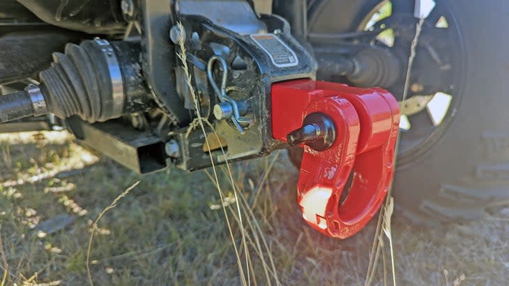 <span class="article__caption">Pictured here connected to the receiver on the back of my Can-Am Commander ATV, the mount supports the hitch pin while providing a tailor-made mount for a 3/4-inch shackle. </span> (Photo: Wes Siler)