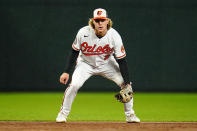 Baltimore Orioles third baseman Gunnar Henderson waits for a pitch to the Toronto Blue Jays during the third inning of a baseball game, Monday, Oct. 3, 2022, in Baltimore. (AP Photo/Julio Cortez)