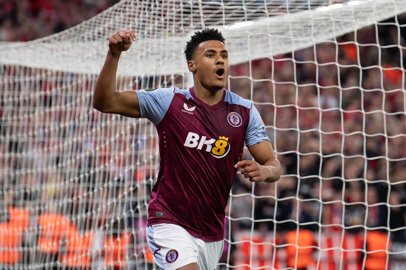 Ollie Watkins celebrates after scoring for Aston Villa at Villa Park.