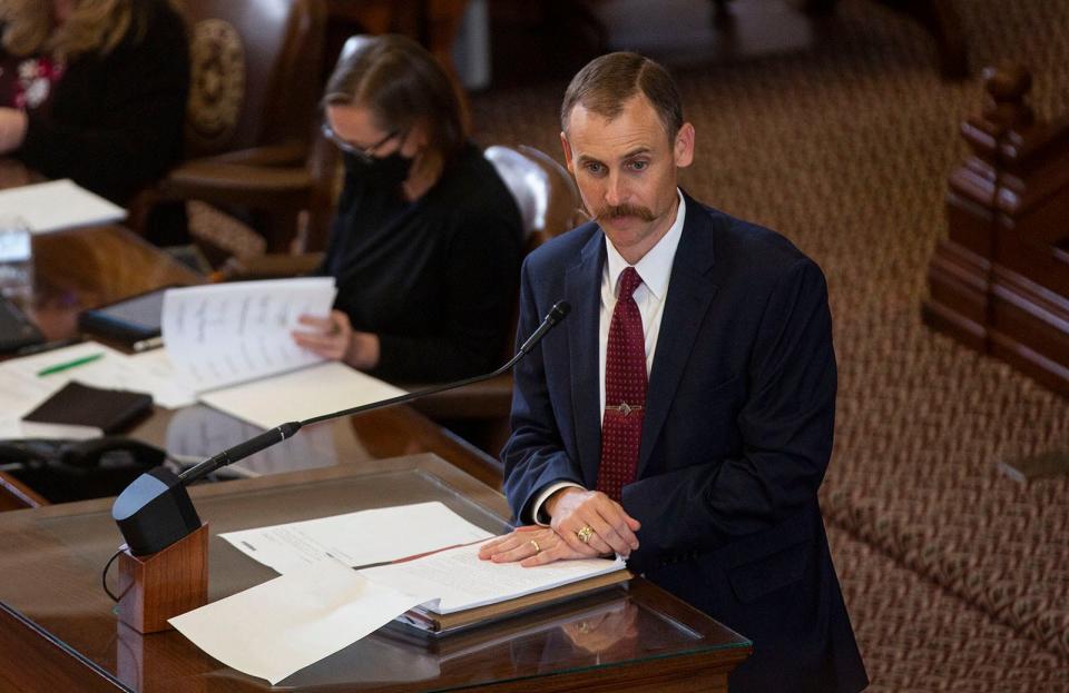 Rep. Andrew Murr, R-Junction, speaks in favor of the GOP voting and elections bill as the Texas House debates at the Capitol on Thursday, August 26, 2021. 