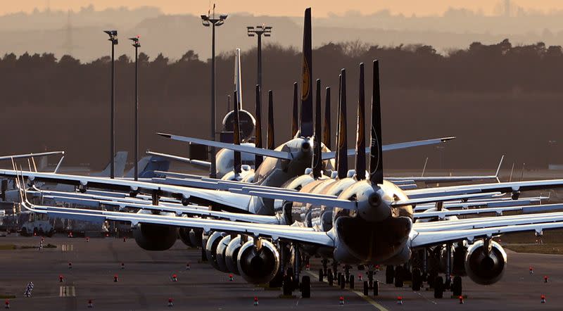 FILE PHOTO: Air planes of German carrier Lufthansa are parked at the airport in Frankfurt