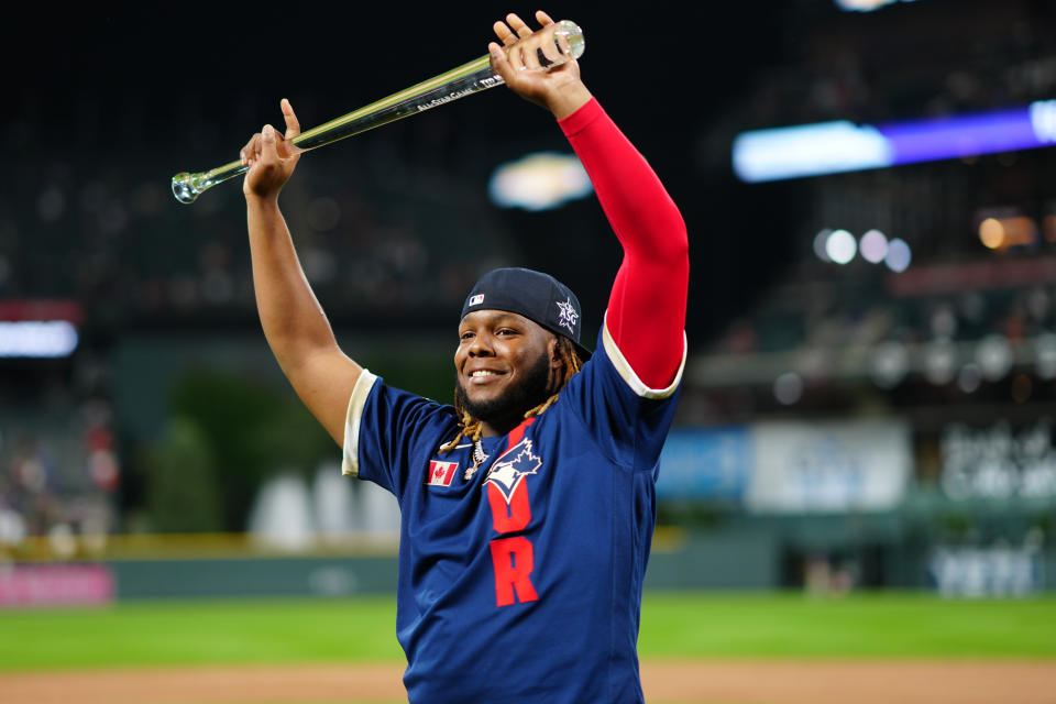 Vladimir Guerrero Jr. of the Toronto Blue Jays poses with the Ted Williams All-Star MVP Award trophy after last year's All-Star Game. (Photo by Daniel Shirey/MLB Photos via Getty Images)