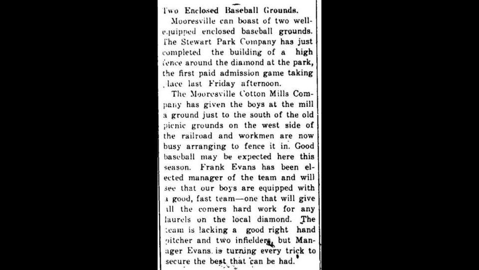 The Moor Park baseball field in Mooresville, N.C., received fencing in 1921, according to this newspaper clipping from that year.