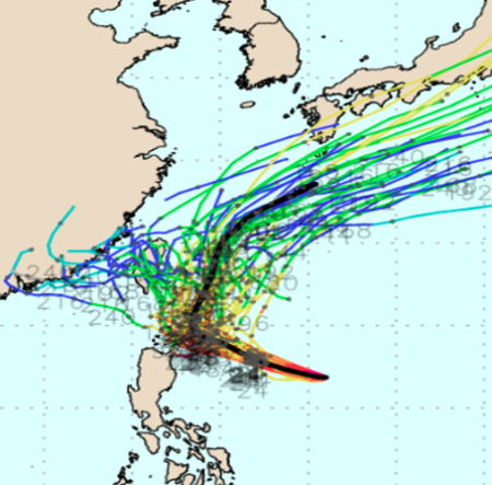 最新歐洲(ECMWF)10天系集模式模擬圖顯示，「瑪娃」的系集平均路徑(粗黑線)，明日逐漸接近巴士海峽，將減速並逐漸迴轉；各別系集路徑(細線)則分散在粗黑線的東、西兩側。（擷自weathernerds）