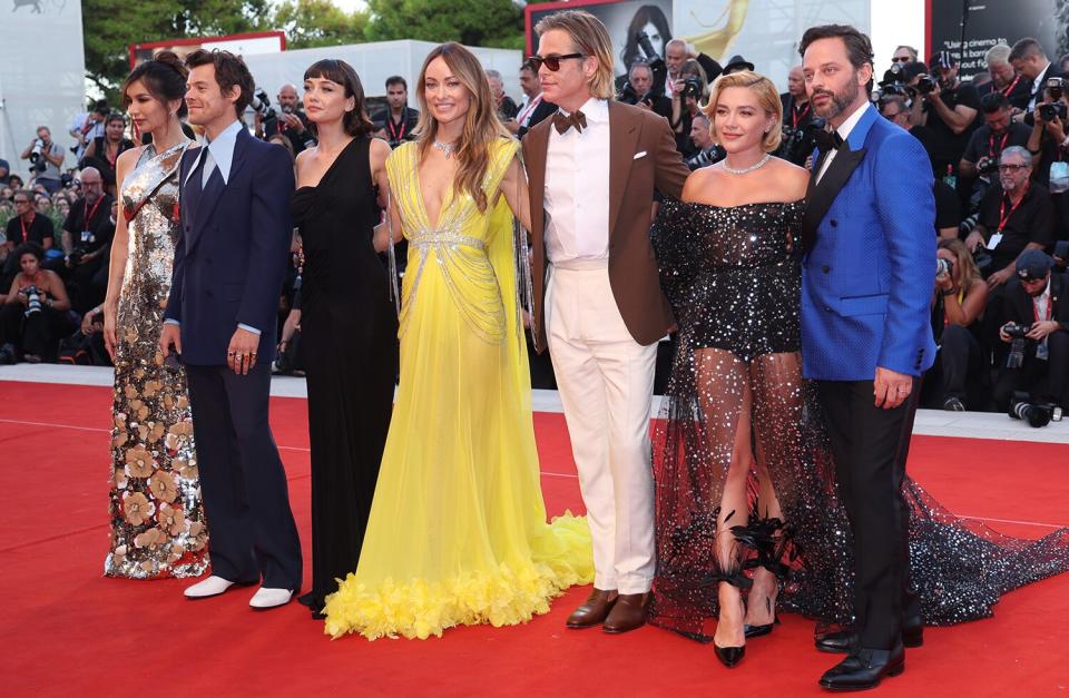 Gemma Chan, Harry Styles, Sydney Chandler, director Olivia Wilde, Chris Pine, Florence Pugh and Nick Kroll attend the "Don't Worry Darling" red carpet