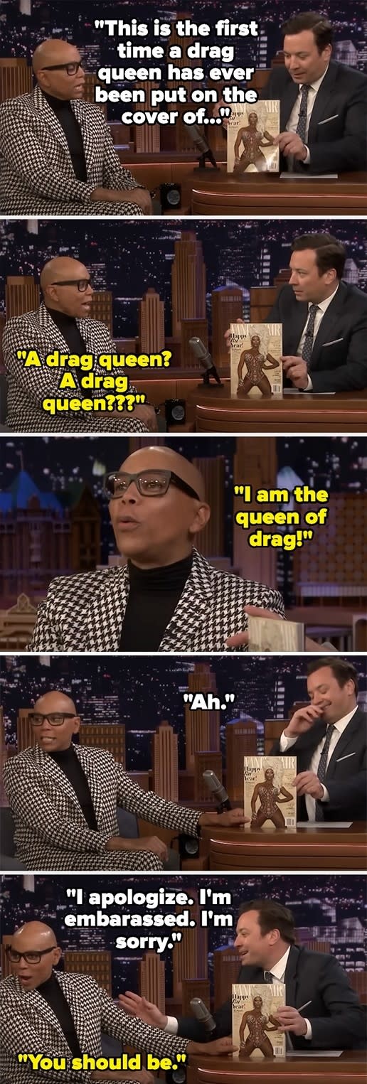 RuPaul in a checkered suit sits with Jimmy Fallon, laughing during an interview