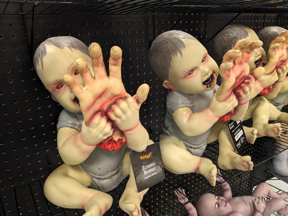 Creepy zombie babies are part of the selection of decorations at Spirit Halloween.