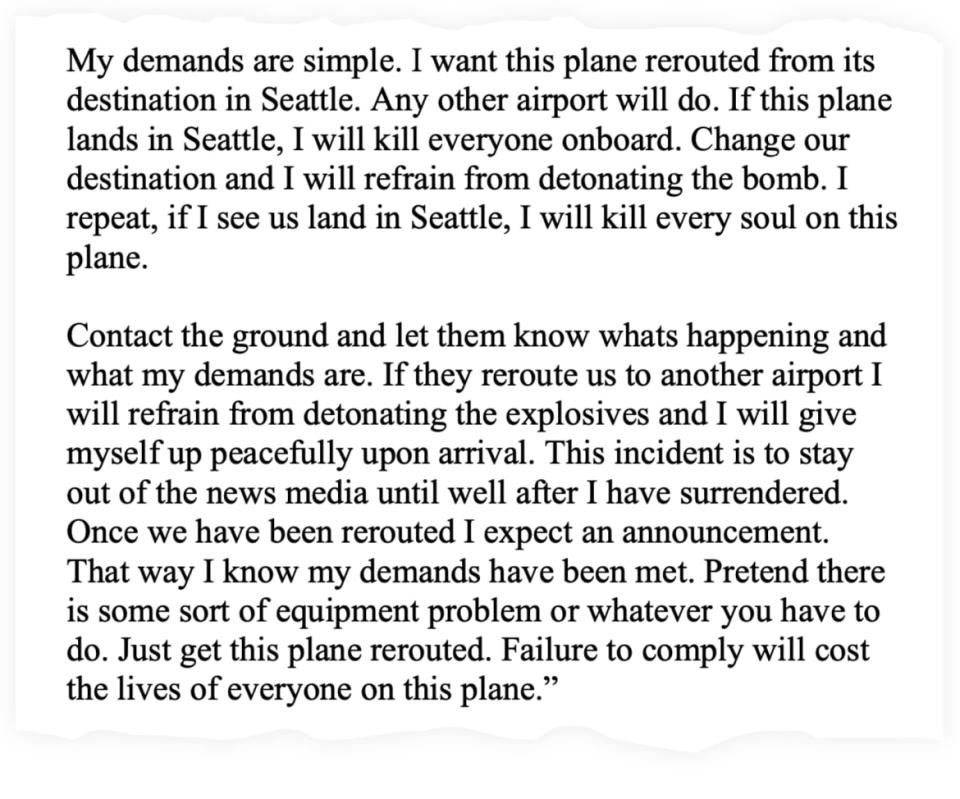 A snippet of the bomb threat note, transcribed and included in the complaint against Brandon Scott.