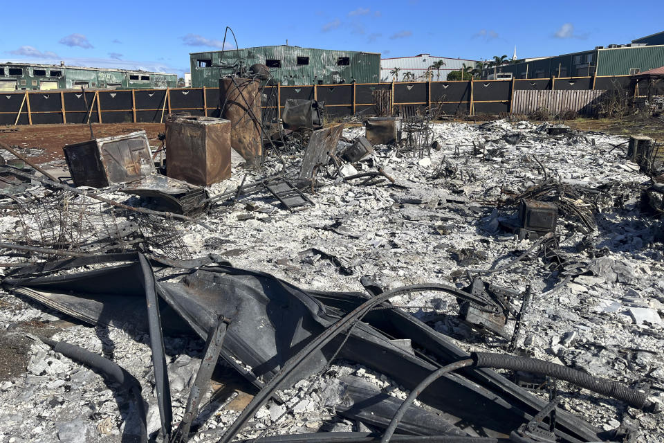 This 2023 image provided by Amy Chadwick shows where her home used to stand after a wildfire in Lahaina, on the Hawaiian island of Maui. Chadwick moved to Florida where she could stretch her homeowners insurance dollars. She's worried Maui's exorbitant rental prices, which she blames in part on vacation rentals hogging up limited housing supply, will hollow out her tight-knit town by similarly forcing others to leave. (Amy Chadwick via AP)