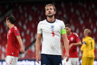 COPENHAGEN, DENMARK - SEPTEMBER 08: Harry Kane of England reacts during the UEFA Nations League group stage match between Denmark and England at Parken Stadium on September 08, 2020 in Copenhagen, Denmark. (Photo by Michael Regan/Getty Images)