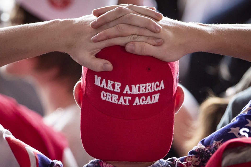 MONTOURSVILLE, PA - MAY 20: A man wears a 'Make America Great Again' hat as he waits for U.S. President Donald Trump to arrive for a 'Make America Great Again' campaign rally at Williamsport Regional Airport, May 20, 2019 in Montoursville, Pennsylvania. Trump is making a trip to the swing state to drum up Republican support on the eve of a special election in Pennsylvania's 12th congressional district, with Republican Fred Keller facing off against Democrat Marc Friedenberg. (Photo by Drew Angerer/Getty Images)