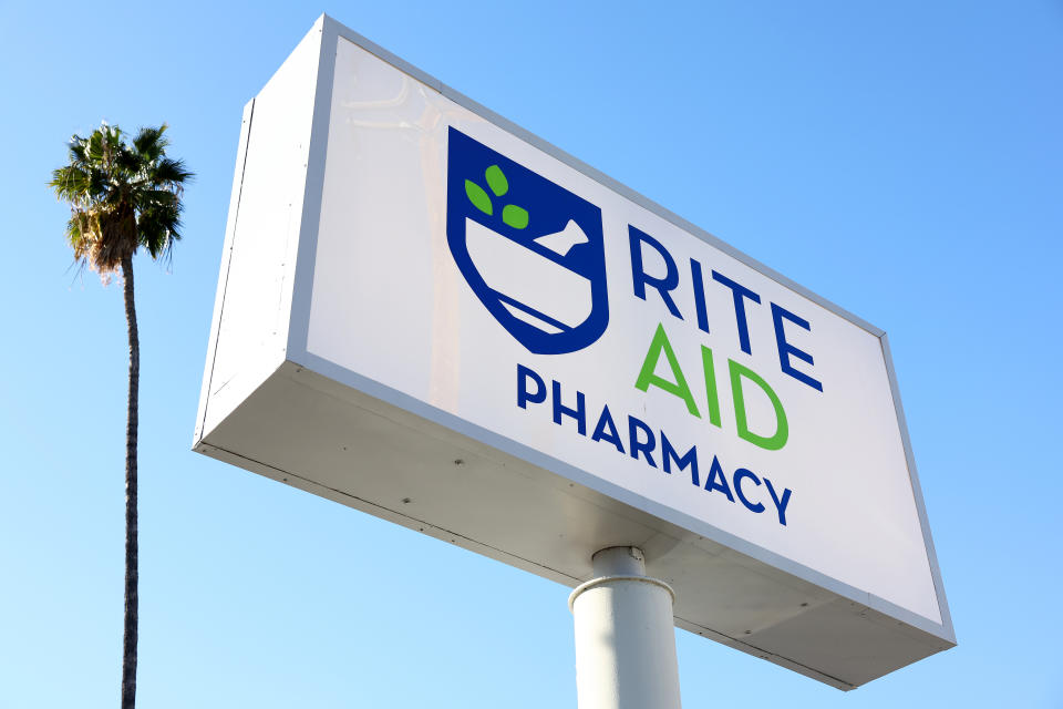 LOS ANGELES, CALIFORNIA - DECEMBER 21: The Rite Aid logo is displayed outside a Ride Aid store on December 21, 2022 in Los Angeles, California. Rite Aid Corp. shares were down almost 14 percent in midday trading after the pharmacy chain announced a third quarter revenue loss while lowering its full fiscal year revenue guidance.  (Photo by Mario Tama/Getty Images)