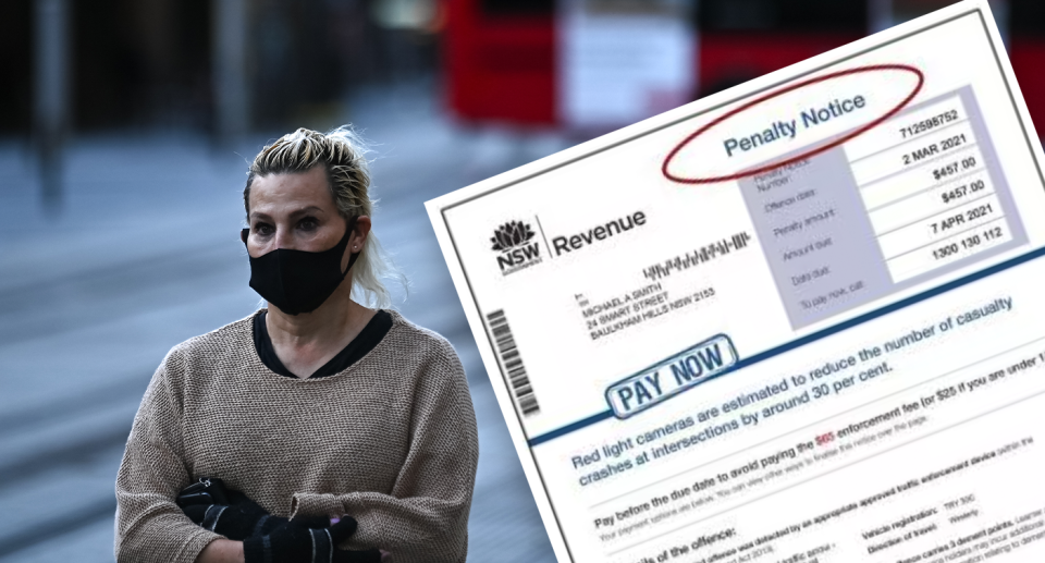 A woman with a mask during Sydney lockdown and a penalty notice. 