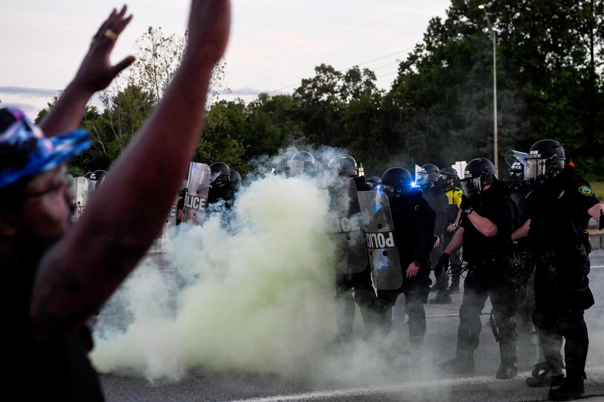 Hundreds crossed the Bowen Bridge to protest the death of George Floyd in Asheville May 31, 2020.