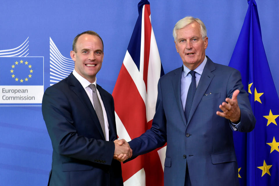 EU Brexit chief Michel Barnier his British counterpart Dominic Raab (Reuters)