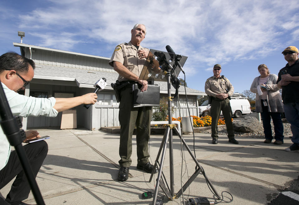 <p>Phil Johnston, the assistant sheriff for Tehama County, briefs reporters on the shootings near the Rancho Tehama Elementary School, Tuesday, Nov. 14, 2017, in Corning, Calif. Law enforcement says that five people, including the shooter were killed, and several people including some children were injured and taken to area hospitals. (AP Photo/Rich Pedroncelli) </p>
