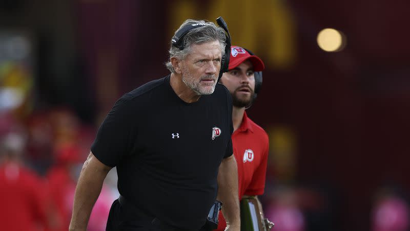 Utah coach Kyle Whittingham watches as the Utes and the USC Trojans compete at the Los Angeles Memorial Coliseum on Saturday, Oct. 21, 2023.