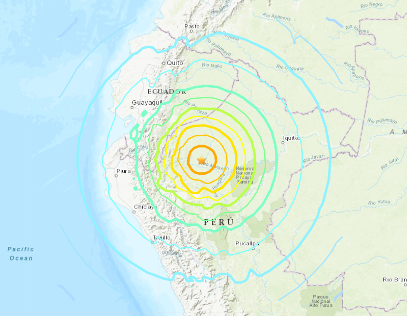 秘魯北部28日發生規模7.5的強震，沒有發布海嘯警報。(USGS)