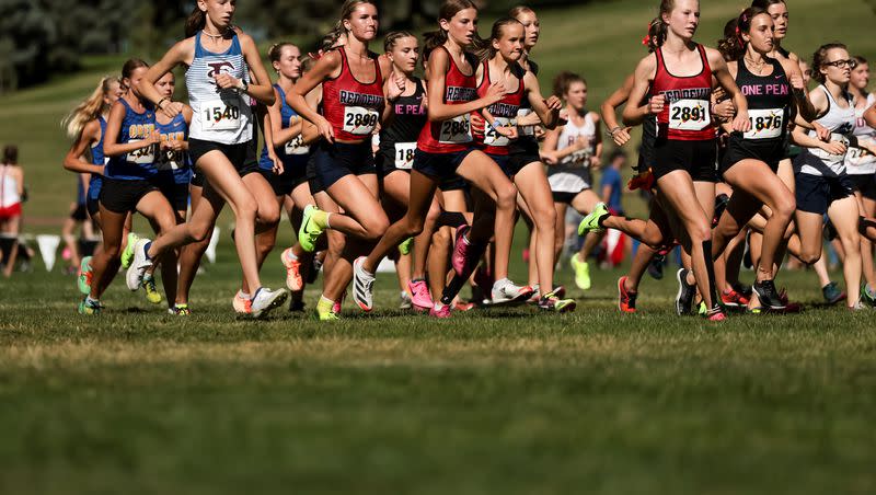 Racers compete in the championship girls race at the Border Wars XC meet at Sugar House Park in Salt Lake City on Saturday, Sept. 16, 2023.