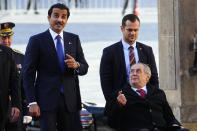 Czech Republic's President Millos Zeman, right, welcomes Qatari Emir Sheikh Tamim Bin Hamad Al-Thani at the Prague Castle in Prague, Czech Republic, Wednesday, Oct. 5, 2022. (AP Photo/Petr David Josek)