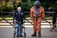 Captain Sir Tom Moore in Wootton, Marston Moretaine, Bedford with veteran fundraiser Lloyd Scott, who will attempt to climb the Three Peaks whilst wearing a deep sea diving suit.