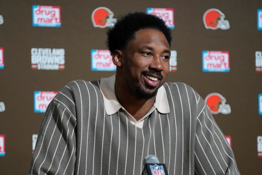 Cleveland Browns’ Myles Garrett speaks during a news conference following an NFL football game against the Chicago Bears, Sunday, Dec. 17, 2023, in Cleveland. (AP Photo/Sue Ogrocki)