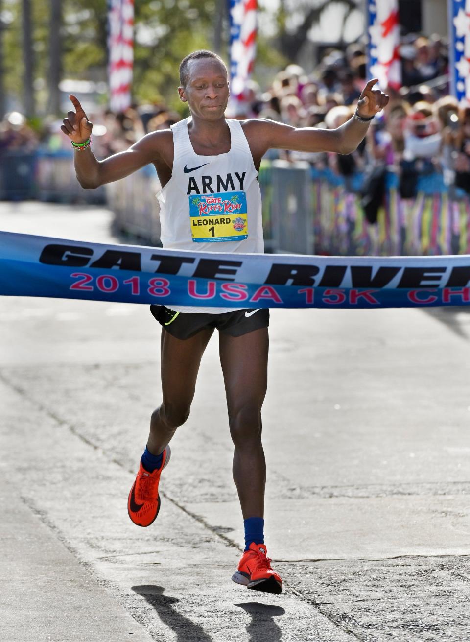 Leonard Korir was the first man across the finish line in the 2018 Gate River Run.