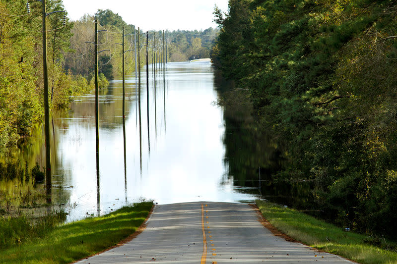 Le niveau dans les cours d'eau des Etats américains de Caroline du Nord et du Sud, très élevé en raison des pluies diluviennes apportées par la tempête Florence, montait dangereusement mardi, rendant plus difficiles les opérations de secours et le retour des sinistrés. /Photo prise le 18 septembre 2018/REUTERS/Jonathan Drake