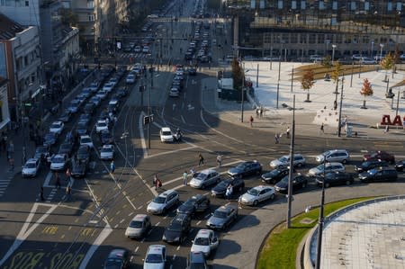 Taxi drivers block traffic during a protest in Belgrade