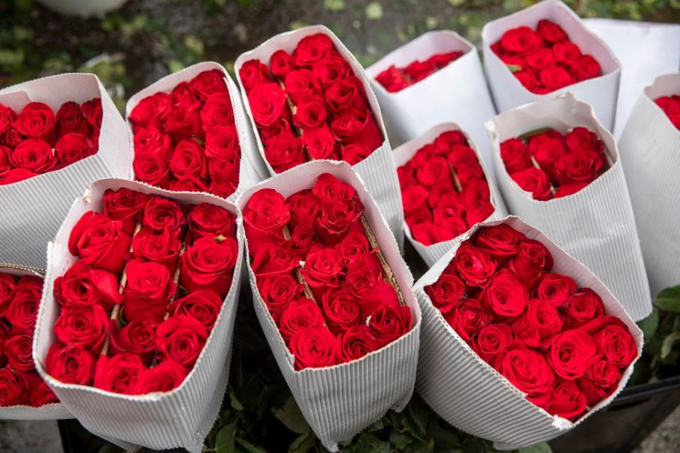 los angeles, ca   may 07, 2021 red roses are for sale  on san julian st in the flower district section of downtown los angeles florists warn of flower shortage ahead of mothers day mel melcon  los angeles times via getty images