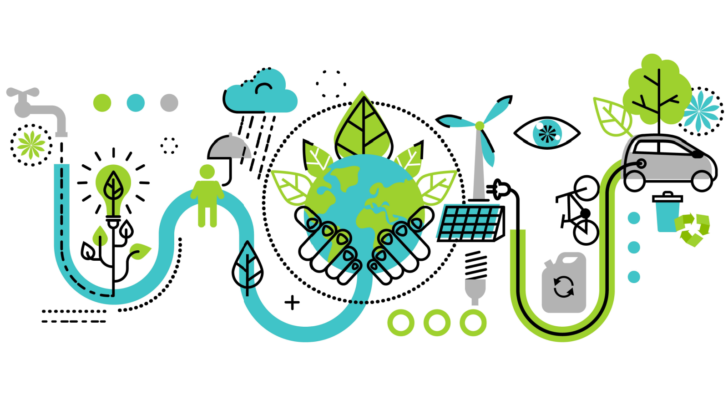 An illustration of various clean energy symbols; a faucet with water flowing to the earth, a windmill and solar panel with a plug leading to an electric car