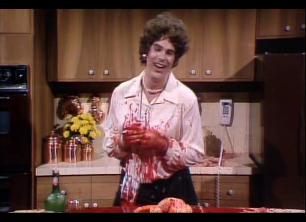 In an ode (or send-off) to legendary chef Julia Child, Dan Aykroyd teaches an audience what to do and what not to do when preparing a chicken meal. The SNL star quickly gets to what not to do, which results in one of goriest skits in show history. Spoiler warning: Julia dies at the end… hilariously.    <em>Photo Credit: Tumblr/classicjays </em>