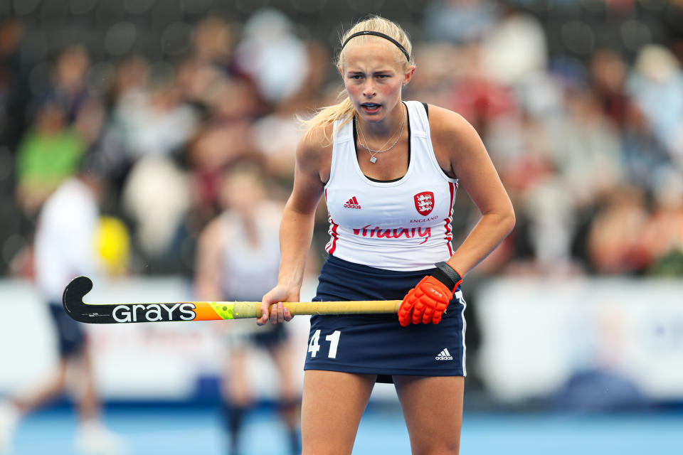 England's Lily Walker in action during the Women's FIH Hockey Pro League match at Lee Valley Hockey and Tennis Centre, London. Picture date: Saturday June 18, 2022. (Photo by Kieran Cleeves/PA Images via Getty Images)