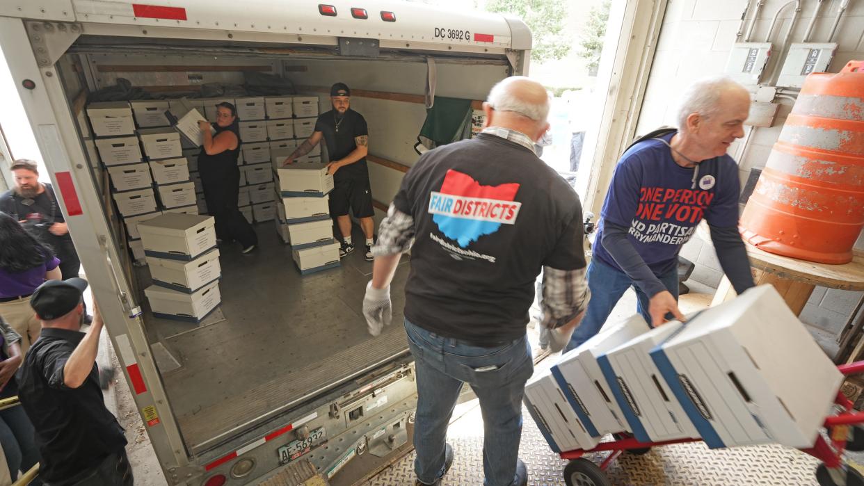 Jul 1, 2024; Columbus, OH, 43215; Boxes of signed petitions are unloaded at the Ohio Secretary of State's office for Citizens Not Politicians, an potential anti-gerrymandering constitutional amendment. Supporters say they have 731,000 signatures which is more than enough to secure a spot of the Nov 5, 2024 ballot.