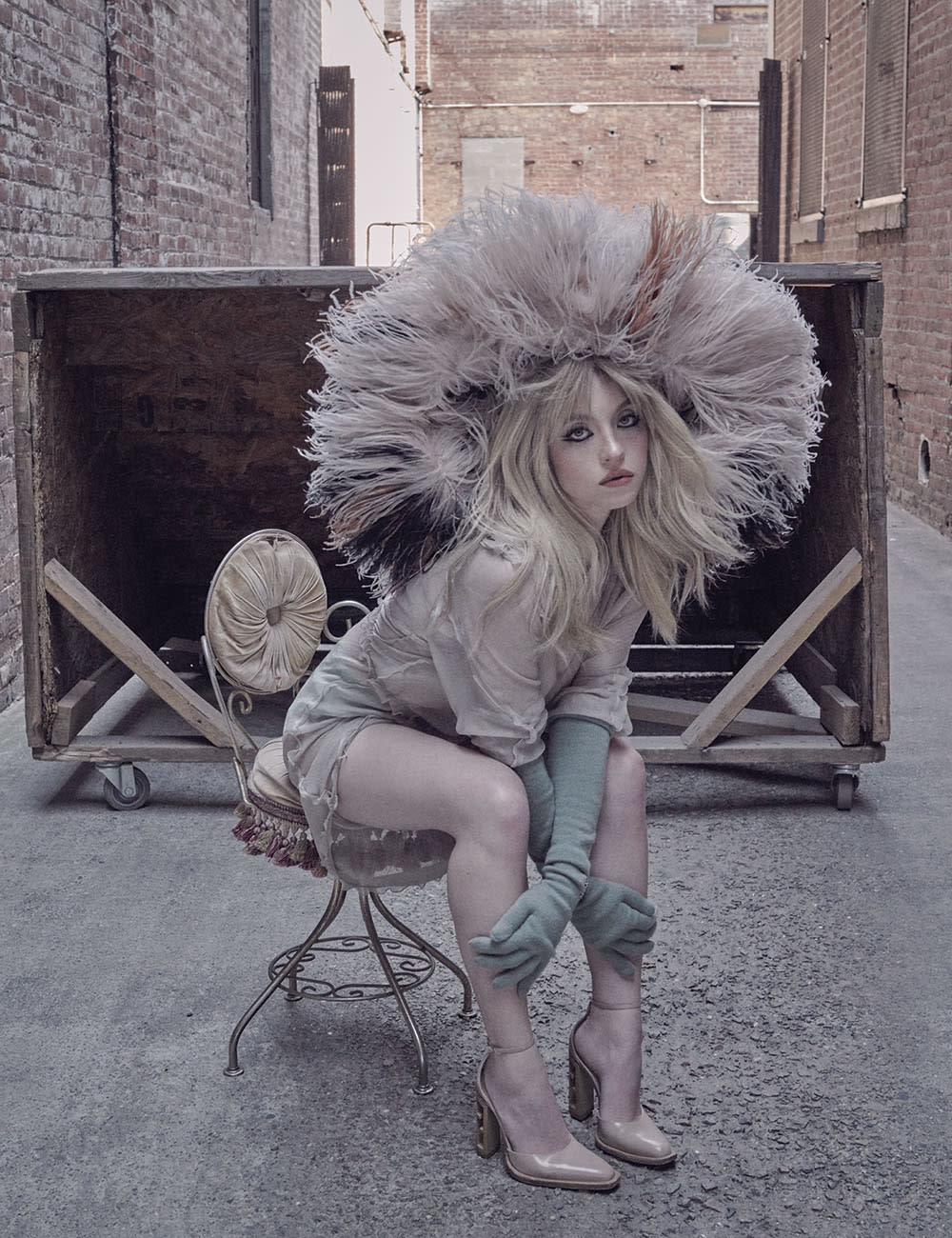 Sydney Sweeney was photographed July 15 at 1896 Studios and Stages in Brooklyn. Fendi look with shoes, Fred Leighton jewelry, Piers Atkinson headpiece.