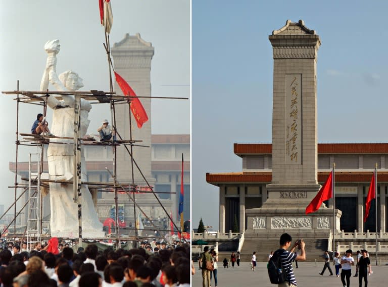 Beijing students protesting in Tiananmen Square around a "Statue of Liberty" on May 30, 1989, and (R) visitors walking near the same location 25 years later