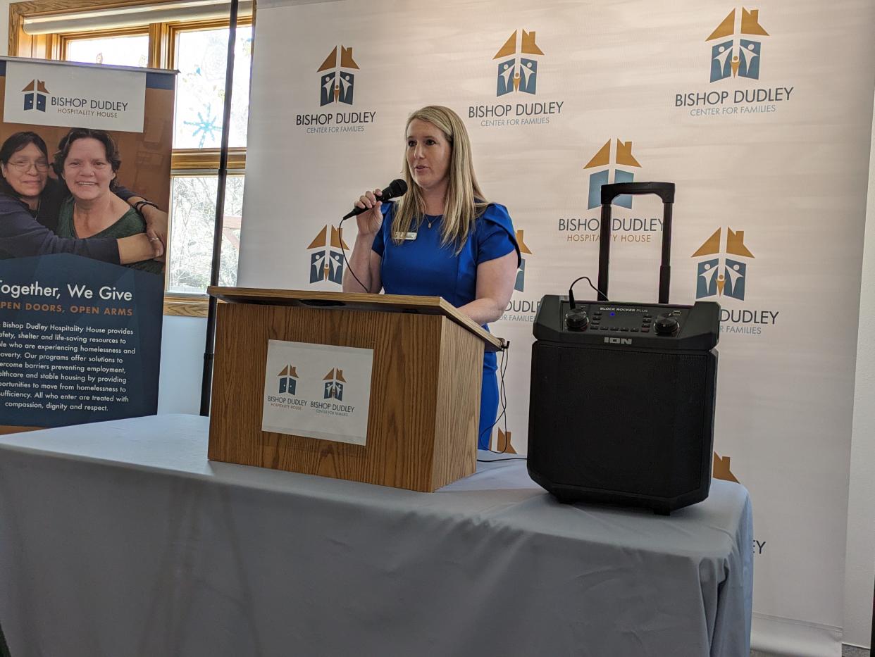 Amanda Kippley, President of the Board of Directors at Bishop Dudley, speaks at the Center for Families open house on April 19, 2024.