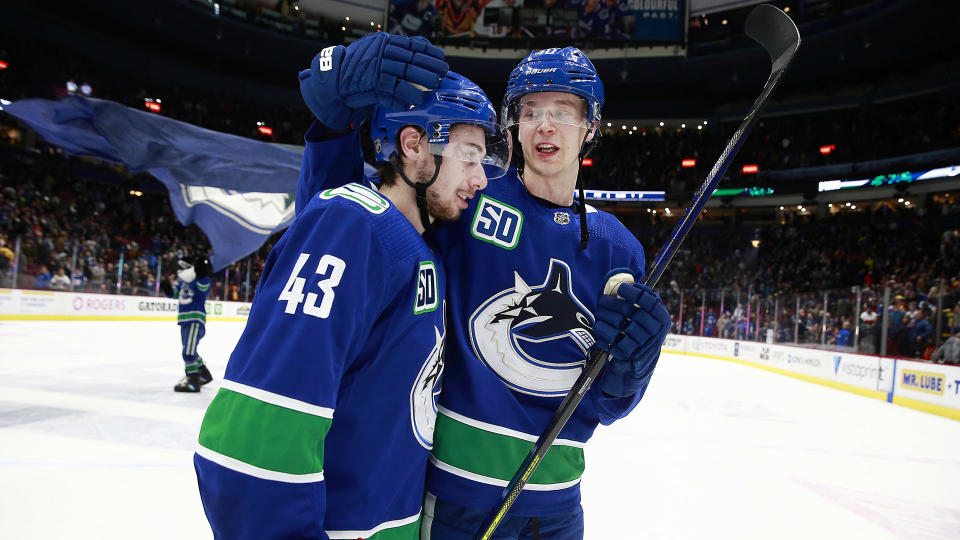 The Canucks have finally locked up Quinn Hughes (43) and Elias Pettersson.  (Photo by Jeff Vinnick/NHLI via Getty Images)