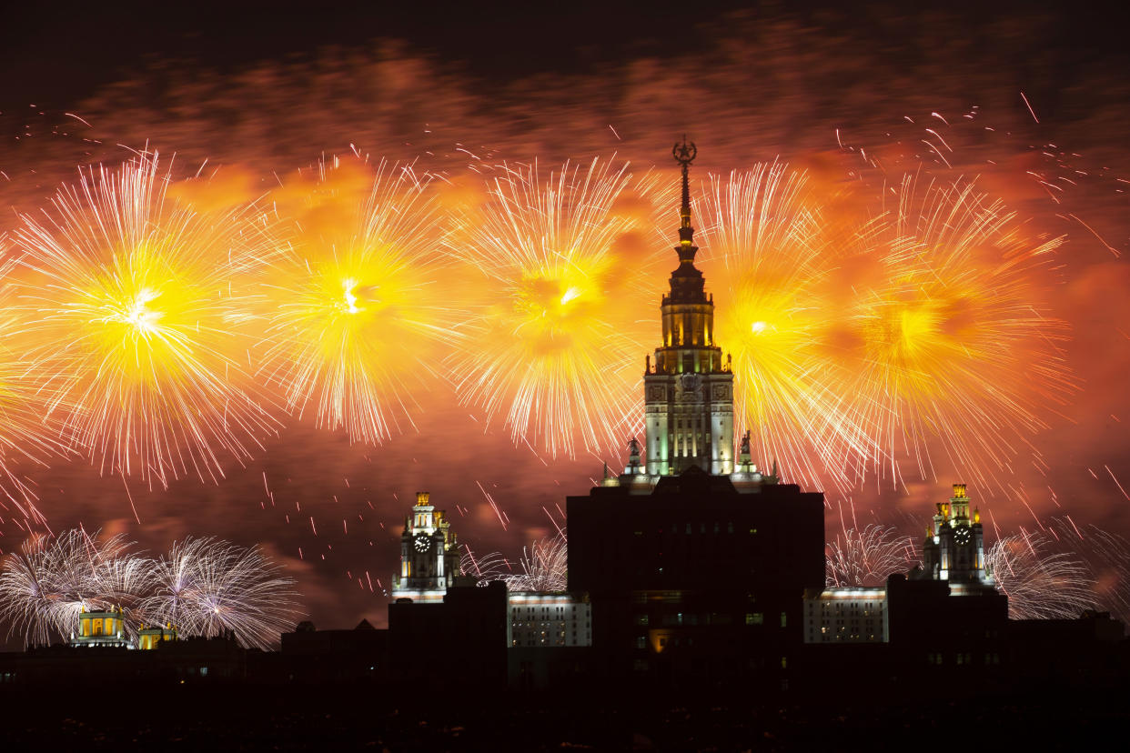 Fireworks explode over the Moscow's University during the celebration of the Victory Day in Moscow, Russia, Sunday, May 9, 2021, marking the 76th anniversary of the end of World War II in Europe. (AP Photo/Alexander Zemlianichenko Jr.) (Photo: Alexander Zemlianichenko Jr. via AP)