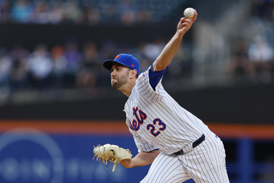 New York Mets pitcher David Peterson throws to a Miami Marlins batter during the first inning of a baseball game Wednesday, June 12, 2024, in New York. (AP Photo/Rich Schultz)