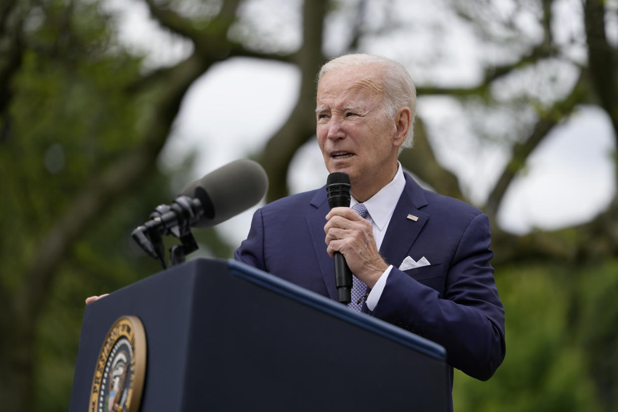 President Joe Biden speaks about National Small Business Week in the White House Rose Garden on Monday, May 1.