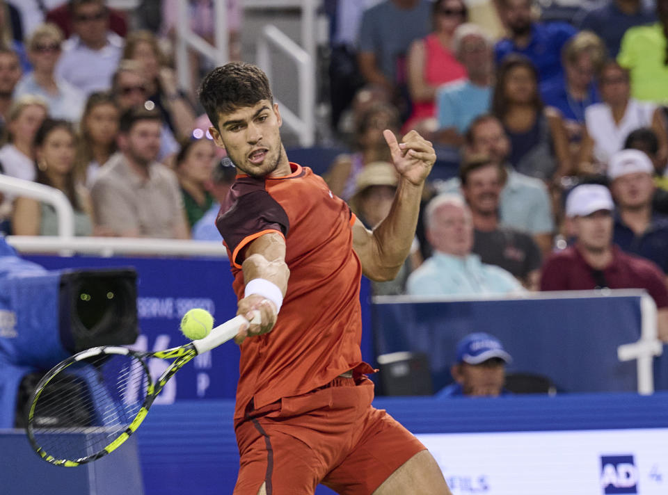 Carlos Alcaraz was knocked out in the second round of the Cincinnati Open to Gaël Monfils in three sets. (Photo by Shelley Lipton/Icon Sportswire via Getty Images)