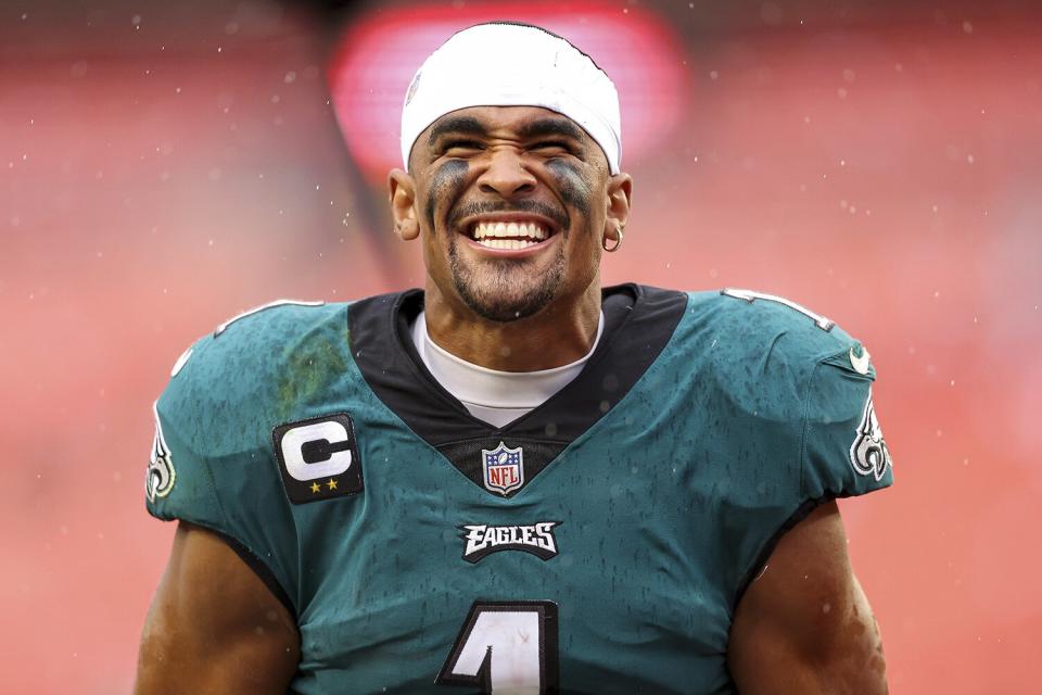 Quarterback Jalen Hurts #1 of the Philadelphia Eagles reacts after his team's 24-8 win against the Washington Commanders