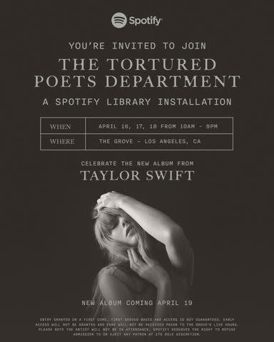 <p>Courtesy of Spotify</p> Taylor Swift/Spotify LA library installation for her Tortured Poets Department
