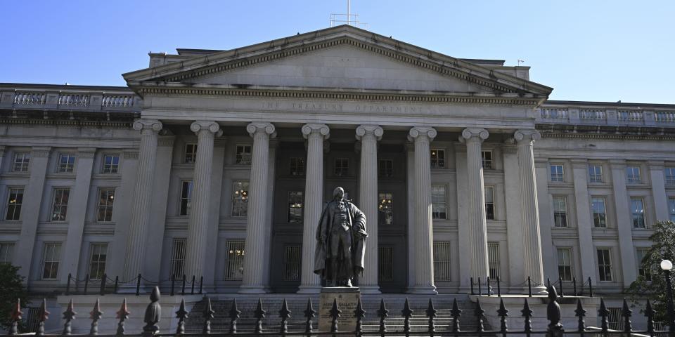 The United States Department of the Treasury building is seen in Washington D.C., United States on April 12, 2023.