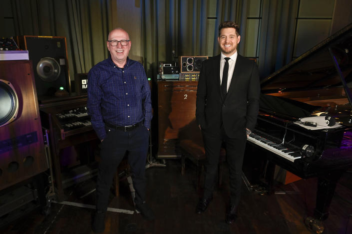 Ken Bruce with Michael Buble at BBC Radio 2. (BBC)
